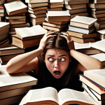 ** A student buried under a mountain of books, looking overwhelmed and stressed. The background should subtly depict common pitfalls of exam preparation like blindly memorizing facts and neglecting practice tests. The overall tone should be slightly humorous but relatable.

**