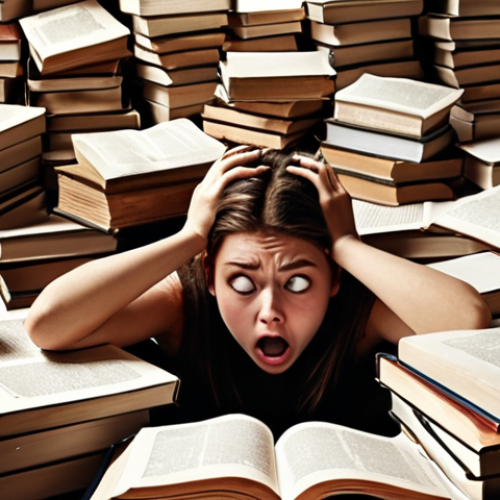 ** A student buried under a mountain of books, looking overwhelmed and stressed. The background should subtly depict common pitfalls of exam preparation like blindly memorizing facts and neglecting practice tests. The overall tone should be slightly humorous but relatable.

**