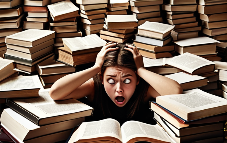** A student buried under a mountain of books, looking overwhelmed and stressed. The background should subtly depict common pitfalls of exam preparation like blindly memorizing facts and neglecting practice tests. The overall tone should be slightly humorous but relatable.

**