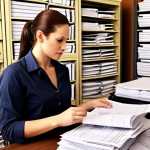 **

A local administrative scrivener helping a small business owner with the paperwork for obtaining a food business license. Focus on the busy office setting with stacks of documents, a friendly interaction, and the feeling of navigating complex regulations.

**