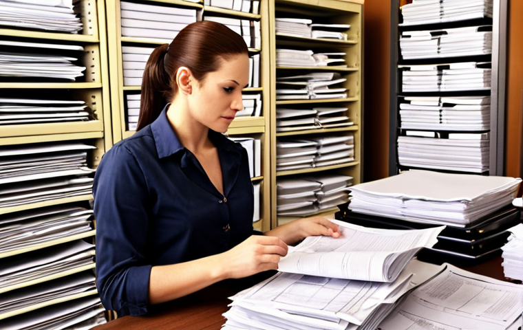 **

A local administrative scrivener helping a small business owner with the paperwork for obtaining a food business license. Focus on the busy office setting with stacks of documents, a friendly interaction, and the feeling of navigating complex regulations.

**