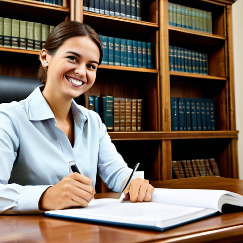 Rural Office Scene**
A professional, fully clothed woman in appropriate attire (business casual, modest clothing) sits at a wooden desk in a bright, naturally lit office overlooking a peaceful rural landscape. The office includes bookshelves filled with law books and local government documents. She is smiling slightly, holding a pen, appearing thoughtful and engaged in her work. "Safe for work," "appropriate content," "professional," "perfect anatomy," "correct proportions," "natural pose," "well-formed hands," "proper finger count," "natural body proportions," "high quality."
**